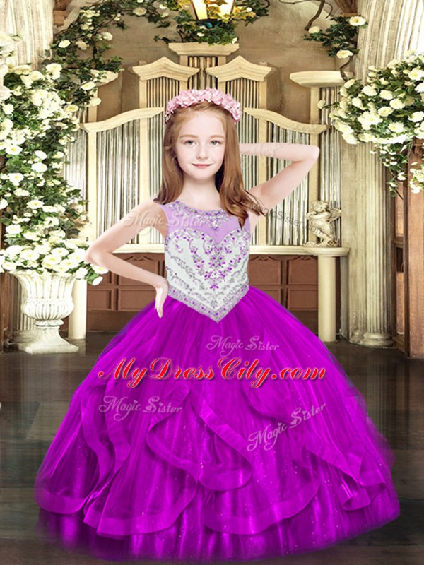 Elegant Scoop Sleeveless Zipper Little Girl Pageant Dress Fuchsia Tulle