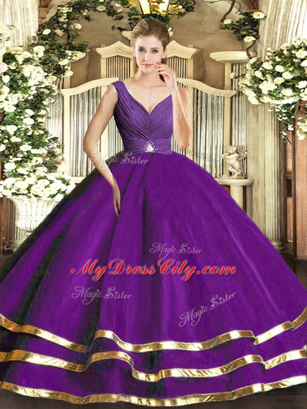 Purple V-neck Backless Ruffled Layers Quinceanera Dresses Sleeveless