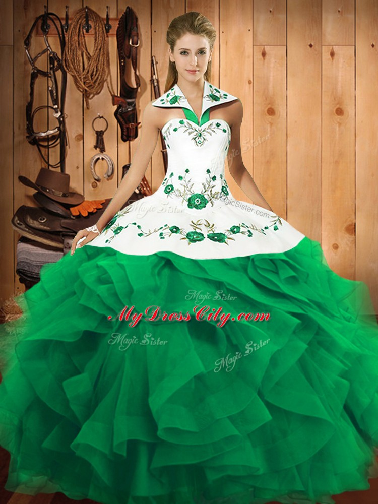 Halter Top Sleeveless Tulle 15 Quinceanera Dress Embroidery and Ruffles Lace Up