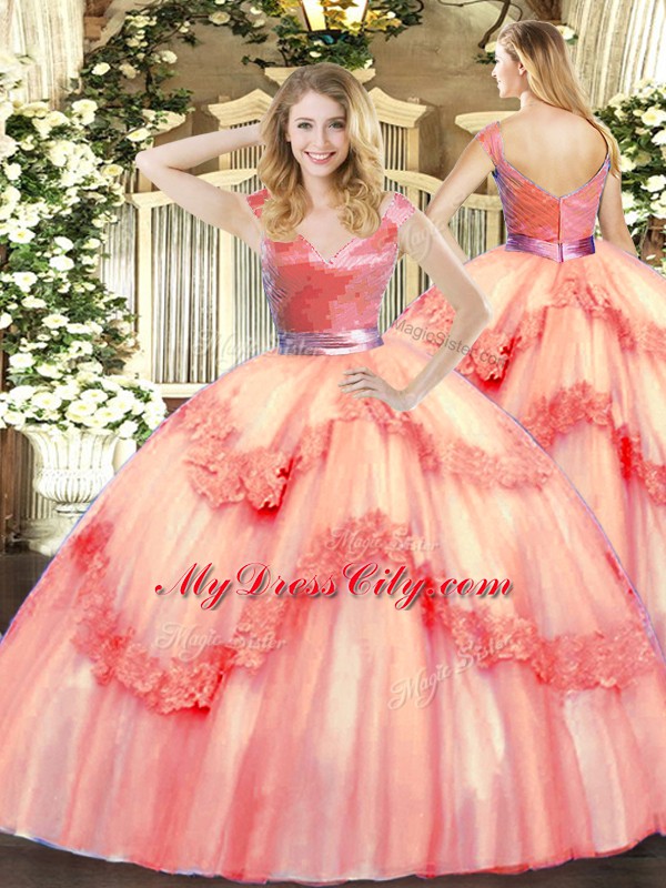 Custom Design Watermelon Red V-neck Zipper Beading and Appliques Vestidos de Quinceanera Sleeveless