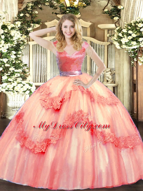 Custom Design Watermelon Red V-neck Zipper Beading and Appliques Vestidos de Quinceanera Sleeveless