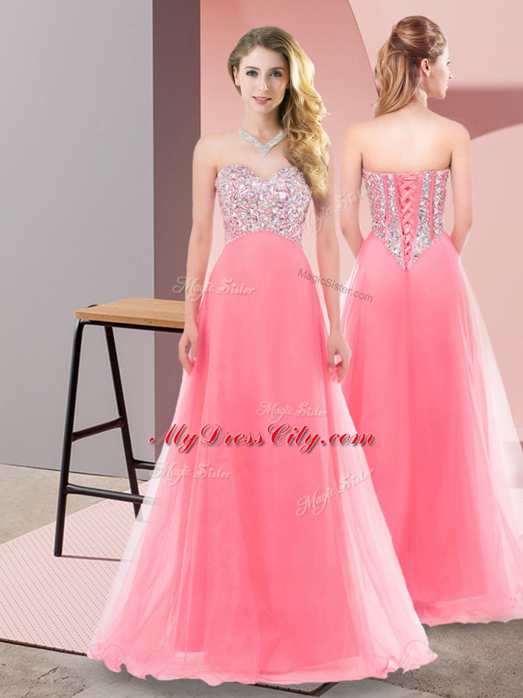 Superior Sleeveless Tulle Floor Length Lace Up Damas Dress in Watermelon Red with Beading