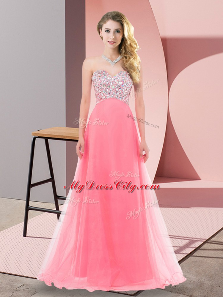 Superior Sleeveless Tulle Floor Length Lace Up Damas Dress in Watermelon Red with Beading