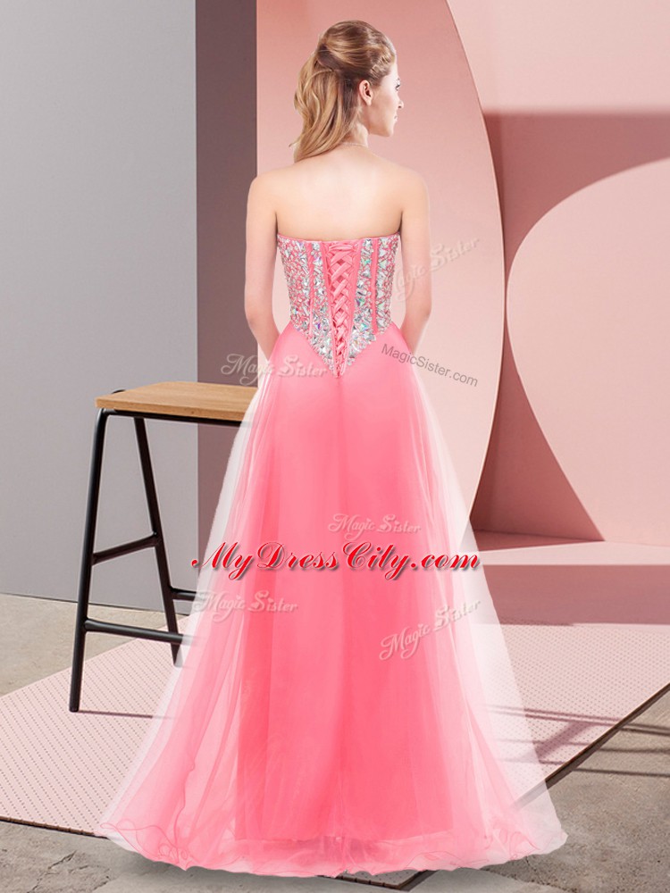 Superior Sleeveless Tulle Floor Length Lace Up Damas Dress in Watermelon Red with Beading