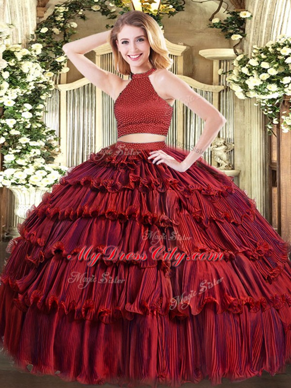 Modest Wine Red Ball Gowns Beading and Ruffled Layers Ball Gown Prom Dress Backless Organza Sleeveless Floor Length