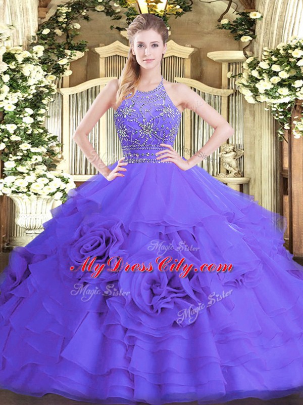 Comfortable Floor Length Purple Sweet 16 Dress Tulle Sleeveless Beading and Ruffled Layers