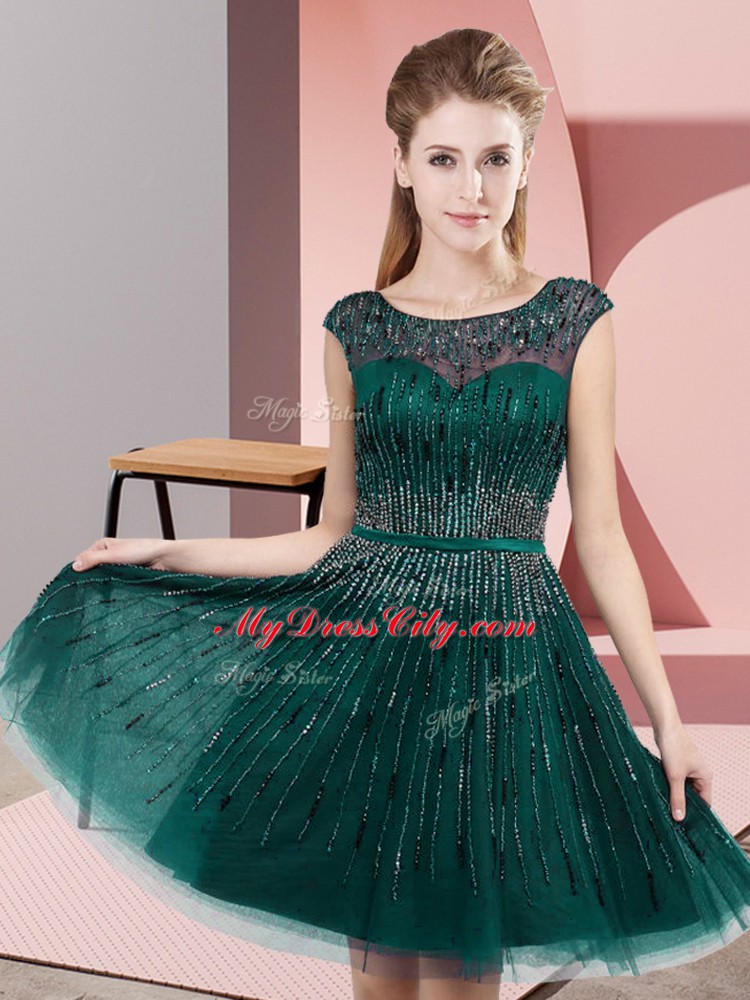 Free and Easy Dark Green Tulle Backless Scoop Sleeveless Knee Length Prom Dress Beading