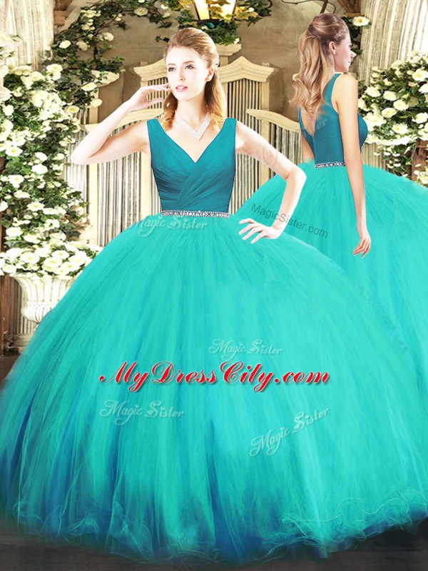 Aqua Blue Sleeveless Beading Floor Length Quinceanera Gowns