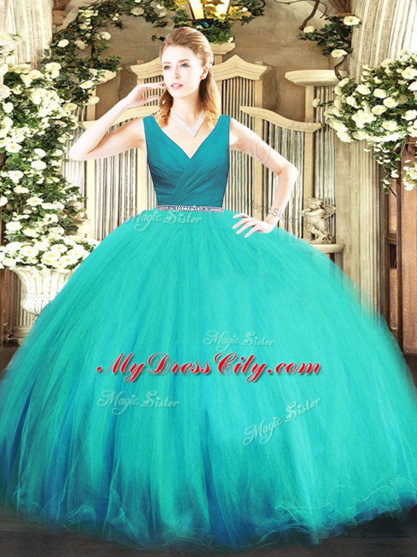 Aqua Blue Sleeveless Beading Floor Length Quinceanera Gowns