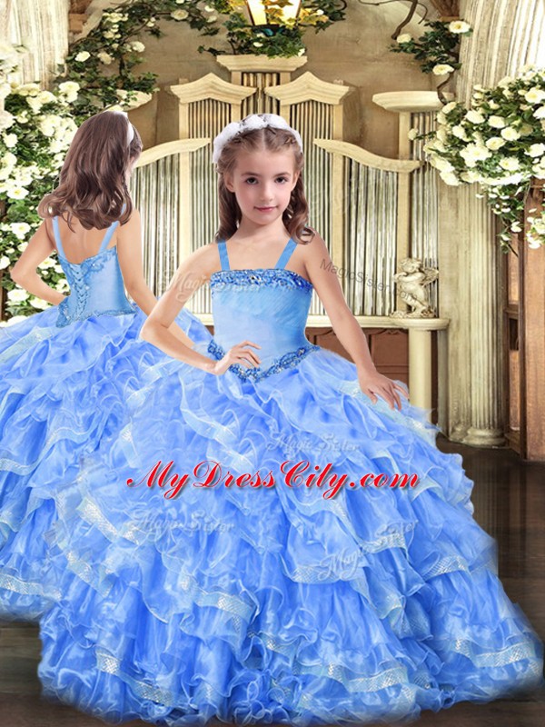 Gorgeous Baby Blue Straps Lace Up Appliques and Ruffled Layers Girls Pageant Dresses Sleeveless