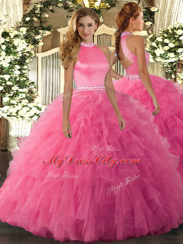 Floor Length Hot Pink Quinceanera Gown Organza Sleeveless Beading and Ruffles