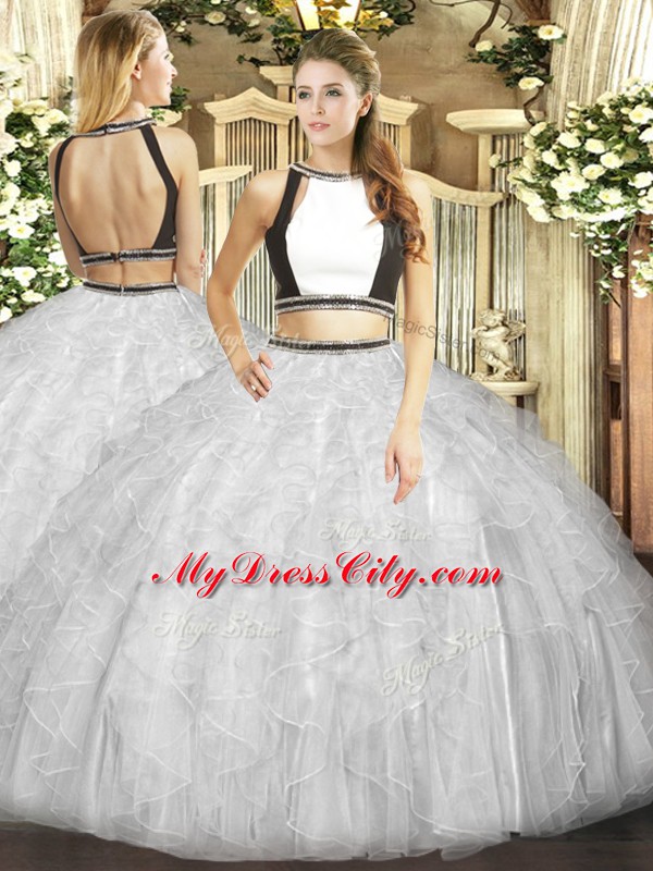 Decent Halter Top Sleeveless Backless Quinceanera Gowns White Tulle