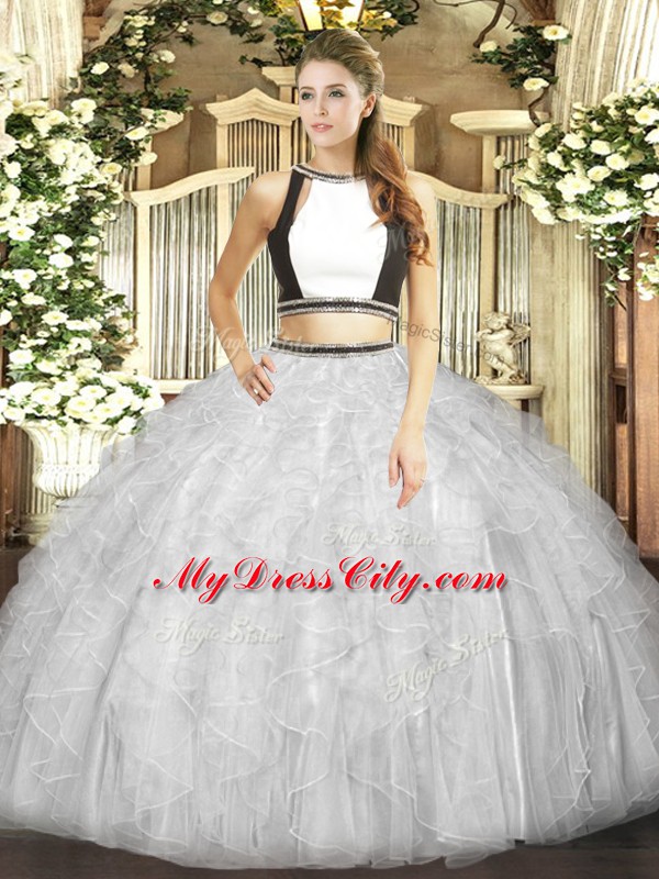 Decent Halter Top Sleeveless Backless Quinceanera Gowns White Tulle