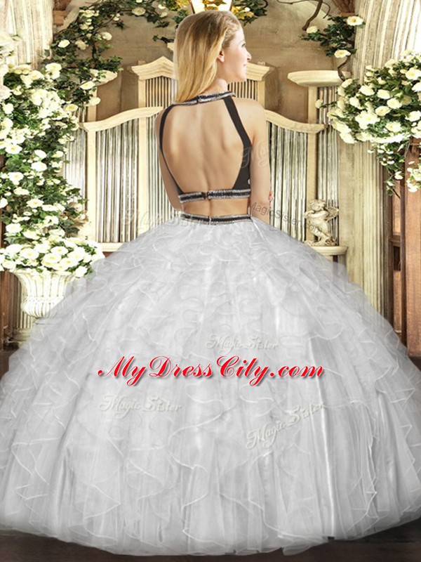 Decent Halter Top Sleeveless Backless Quinceanera Gowns White Tulle