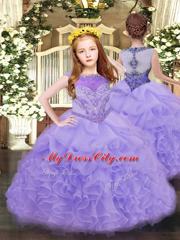 Lavender Little Girls Pageant Gowns Party and Quinceanera with Beading and Ruffles and Pick Ups Scoop Sleeveless Zipper