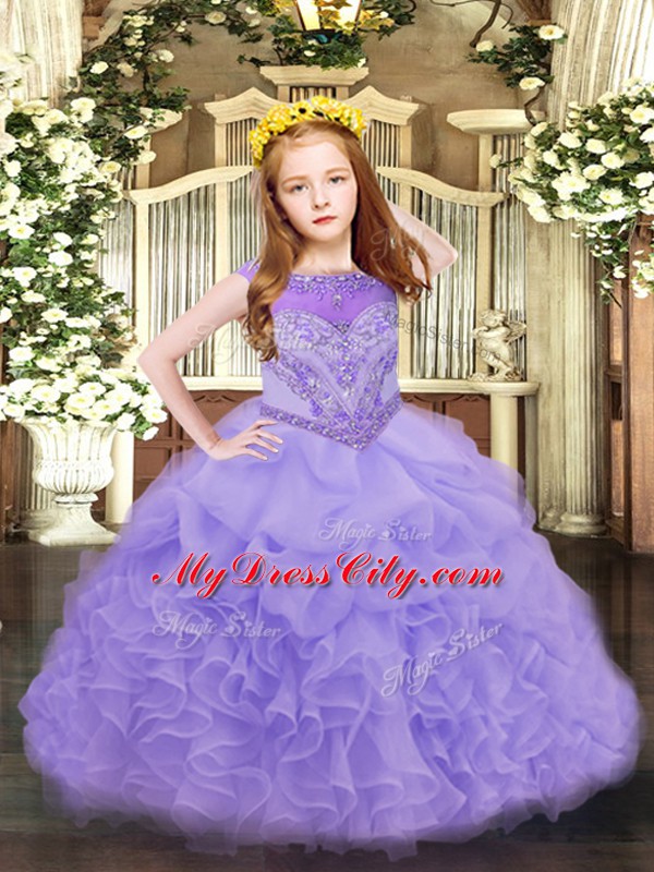 Lavender Little Girls Pageant Gowns Party and Quinceanera with Beading and Ruffles and Pick Ups Scoop Sleeveless Zipper