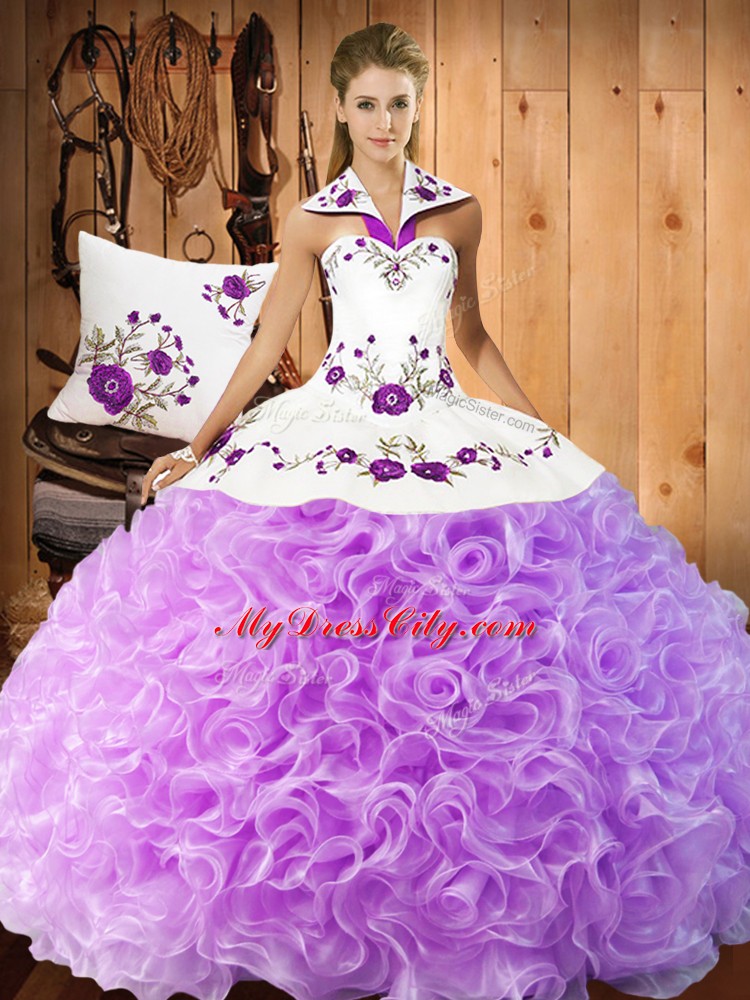 Lilac 15 Quinceanera Dress Military Ball and Sweet 16 and Quinceanera with Embroidery Halter Top Sleeveless Lace Up