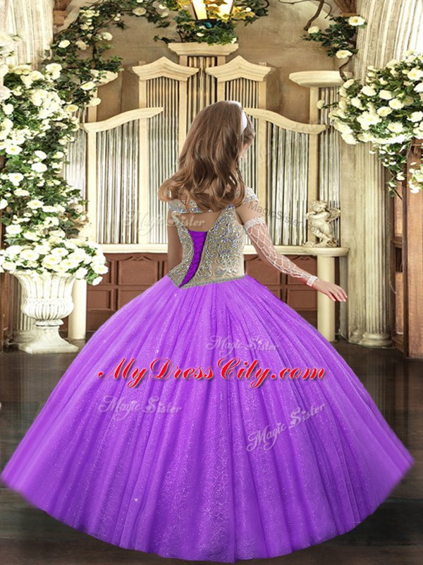 Off The Shoulder Sleeveless High School Pageant Dress Floor Length Beading Hot Pink Tulle