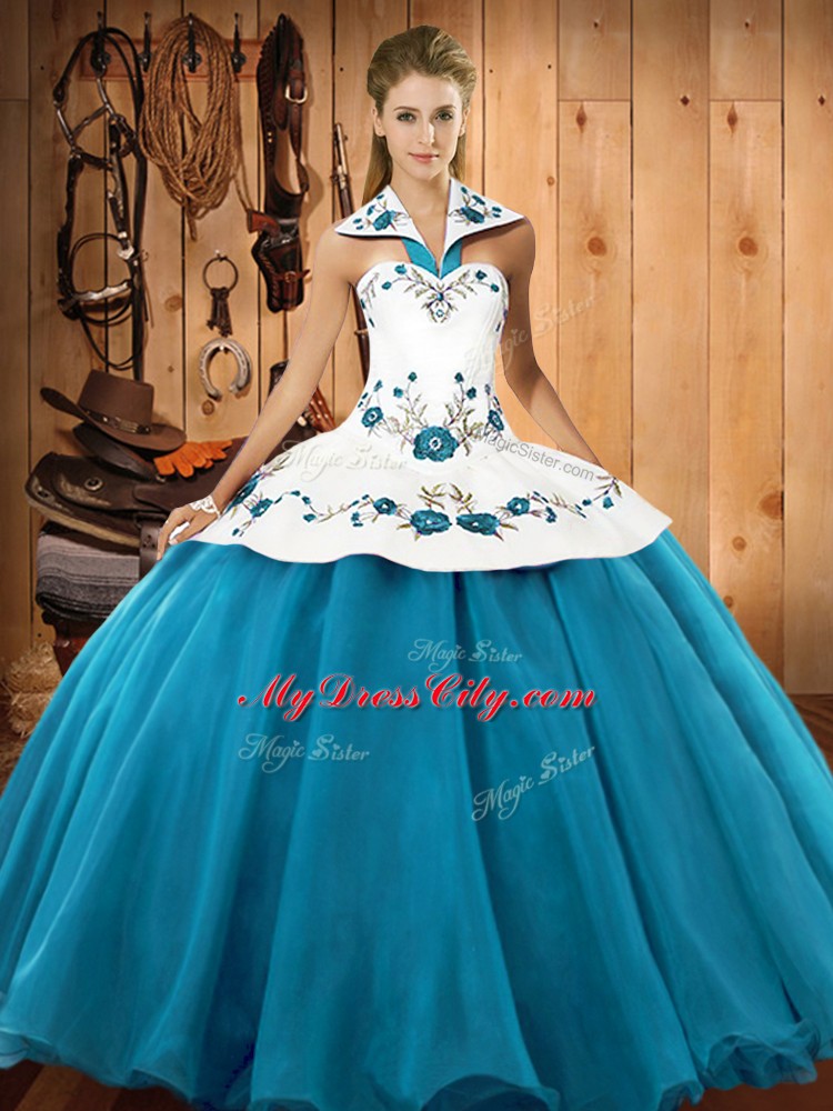 Custom Designed Teal Ball Gowns Satin and Tulle Halter Top Sleeveless Embroidery Floor Length Lace Up Quinceanera Dress