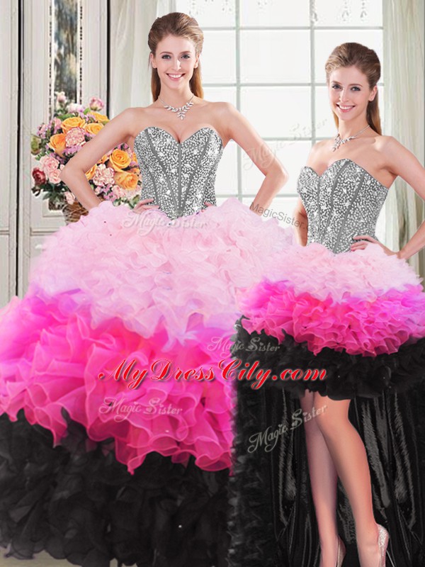 Floor Length Multi-color Sweet 16 Dresses Organza Sleeveless Beading and Ruffles