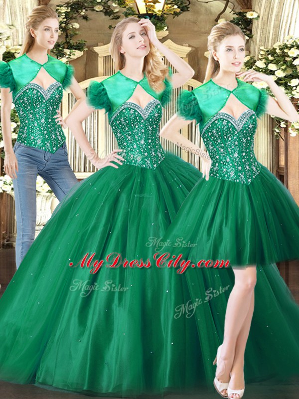 High Class Green Lace Up Sweetheart Beading Sweet 16 Dress Tulle Sleeveless