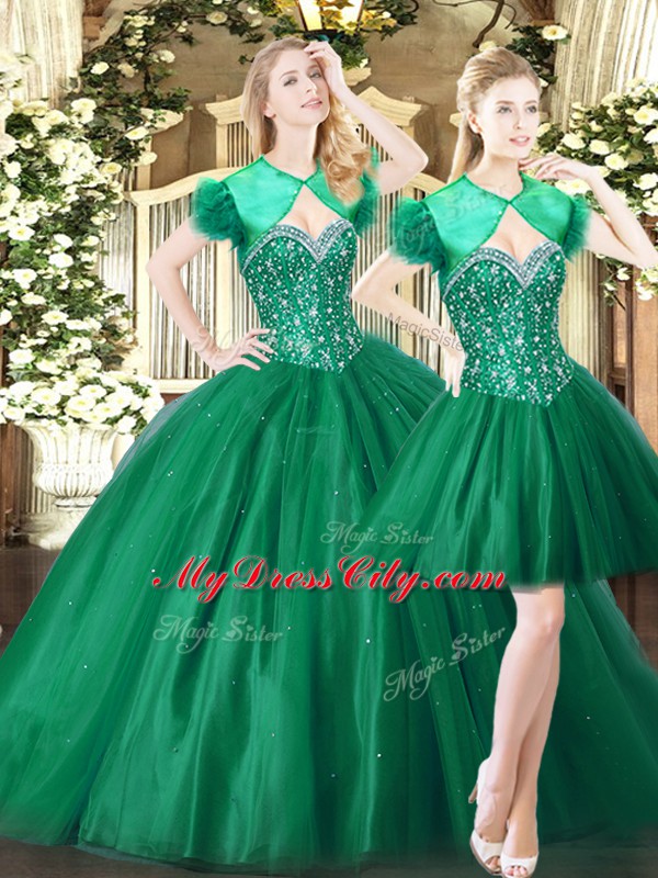 High Class Green Lace Up Sweetheart Beading Sweet 16 Dress Tulle Sleeveless