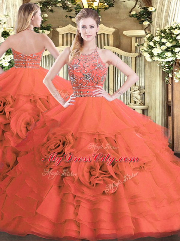 Red Tulle Zipper 15 Quinceanera Dress Sleeveless Floor Length Beading and Ruffled Layers