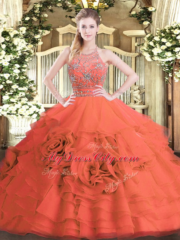 Red Tulle Zipper 15 Quinceanera Dress Sleeveless Floor Length Beading and Ruffled Layers