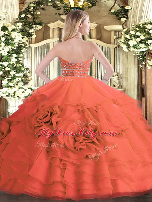 Red Tulle Zipper 15 Quinceanera Dress Sleeveless Floor Length Beading and Ruffled Layers