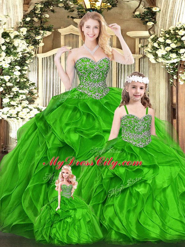 Hot Selling Green Ball Gowns Organza Sweetheart Sleeveless Beading and Ruffles Floor Length Lace Up 15th Birthday Dress