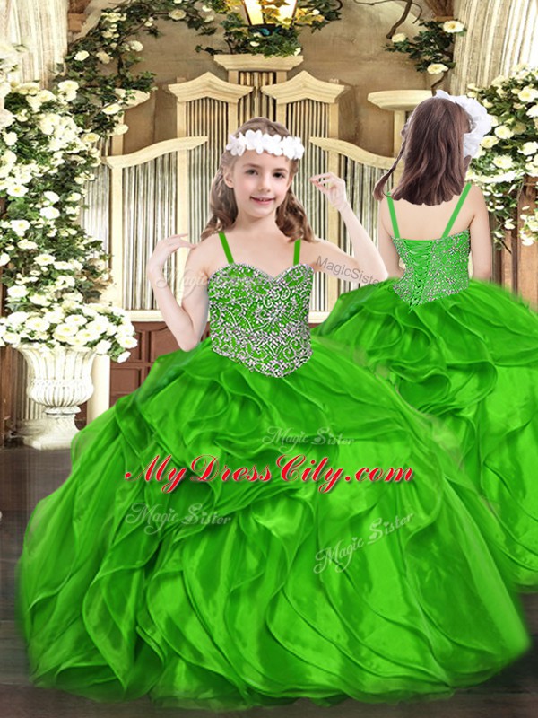 Hot Selling Green Ball Gowns Organza Sweetheart Sleeveless Beading and Ruffles Floor Length Lace Up 15th Birthday Dress