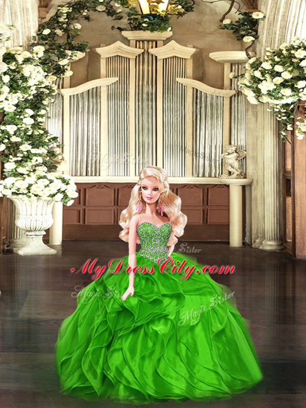 Hot Selling Green Ball Gowns Organza Sweetheart Sleeveless Beading and Ruffles Floor Length Lace Up 15th Birthday Dress