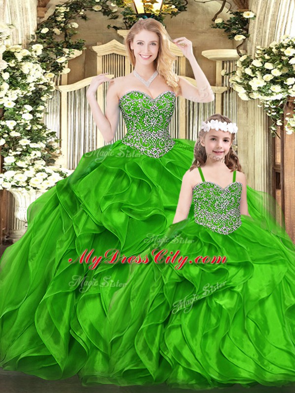 Hot Selling Green Ball Gowns Organza Sweetheart Sleeveless Beading and Ruffles Floor Length Lace Up 15th Birthday Dress