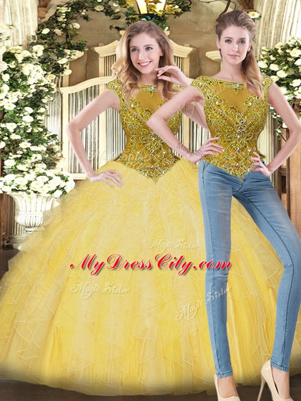 Most Popular Yellow Scoop Zipper Beading and Ruffles Sweet 16 Dress Sleeveless