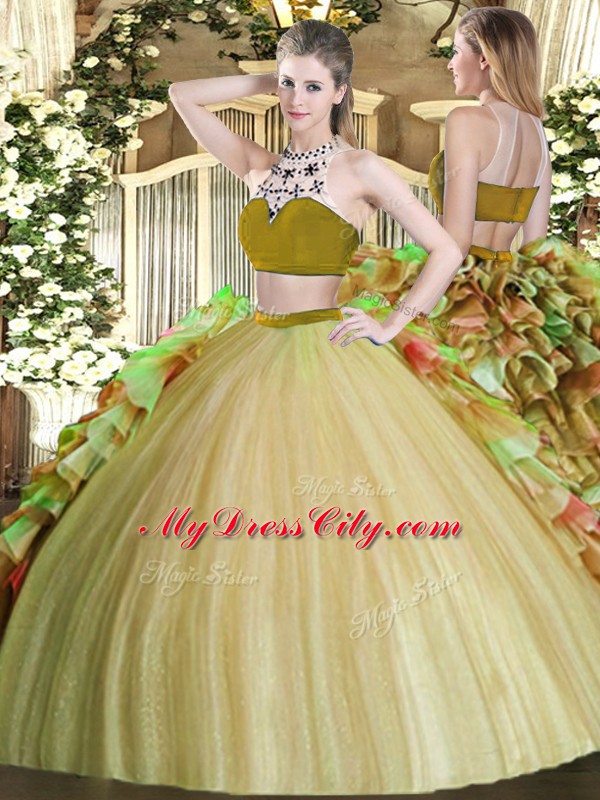 Latest Olive Green Two Pieces Tulle Bateau Sleeveless Beading and Ruffles Floor Length Backless Sweet 16 Dress