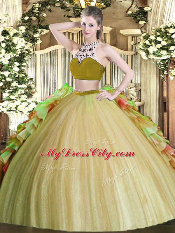 Latest Olive Green Two Pieces Tulle Bateau Sleeveless Beading and Ruffles Floor Length Backless Sweet 16 Dress