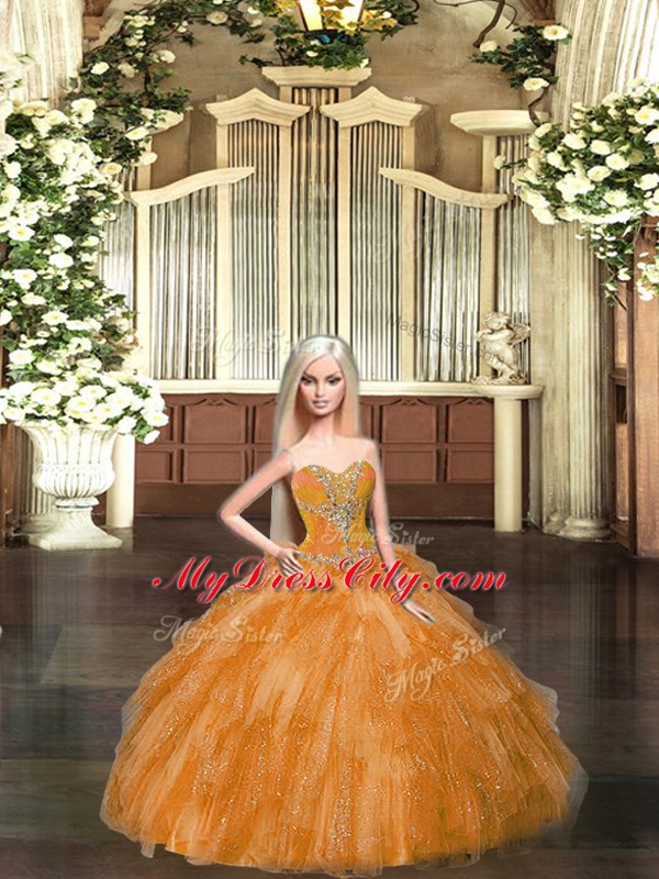 Rust Red Ball Gowns Sweetheart Sleeveless Tulle Floor Length Lace Up Beading and Ruffles Quinceanera Gown