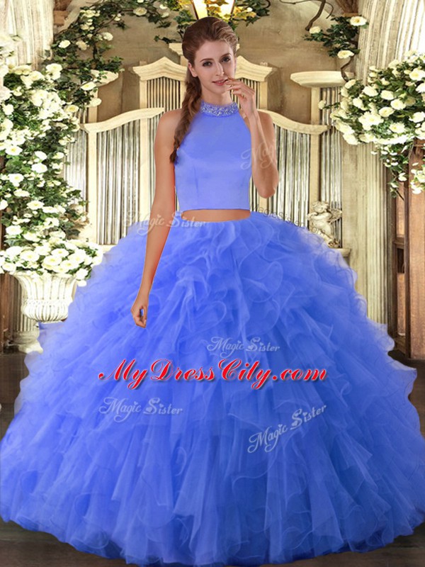 Dramatic Blue Sleeveless Floor Length Beading and Ruffles Backless Sweet 16 Dress