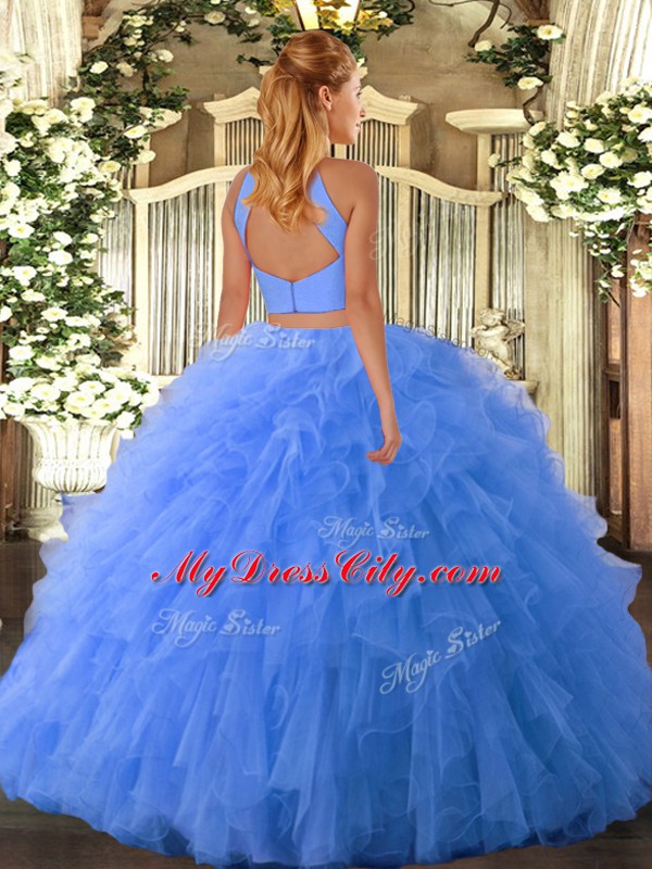 Dramatic Blue Sleeveless Floor Length Beading and Ruffles Backless Sweet 16 Dress