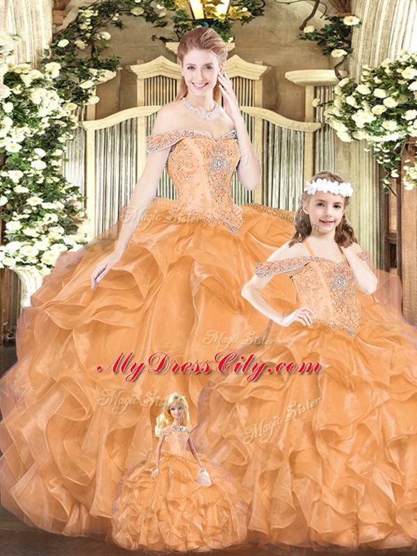 Romantic Ball Gowns Vestidos de Quinceanera Orange Red Off The Shoulder Tulle Sleeveless Floor Length Lace Up