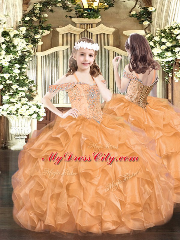 Romantic Ball Gowns Vestidos de Quinceanera Orange Red Off The Shoulder Tulle Sleeveless Floor Length Lace Up