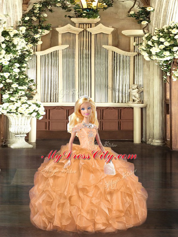 Romantic Ball Gowns Vestidos de Quinceanera Orange Red Off The Shoulder Tulle Sleeveless Floor Length Lace Up