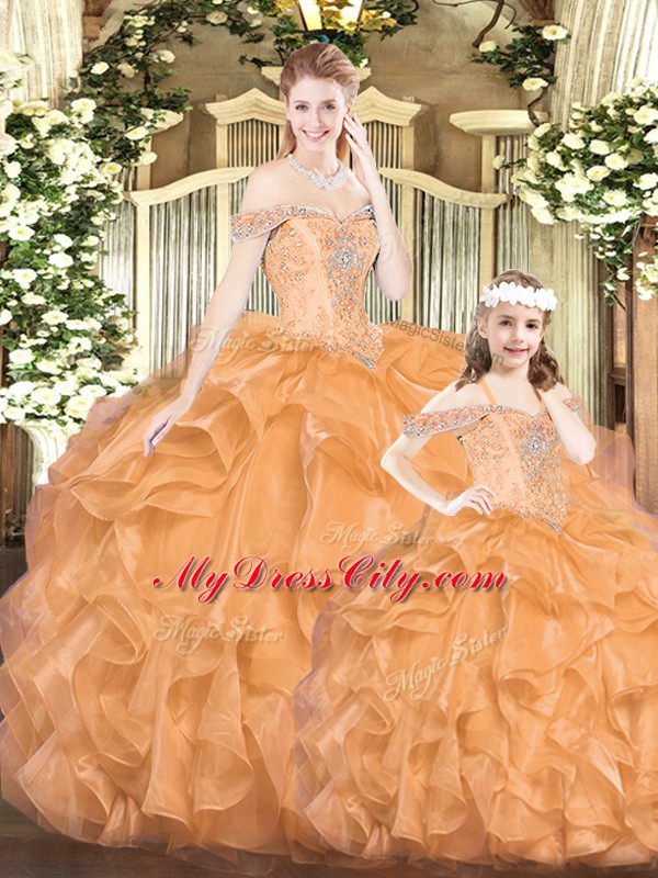 Romantic Ball Gowns Vestidos de Quinceanera Orange Red Off The Shoulder Tulle Sleeveless Floor Length Lace Up