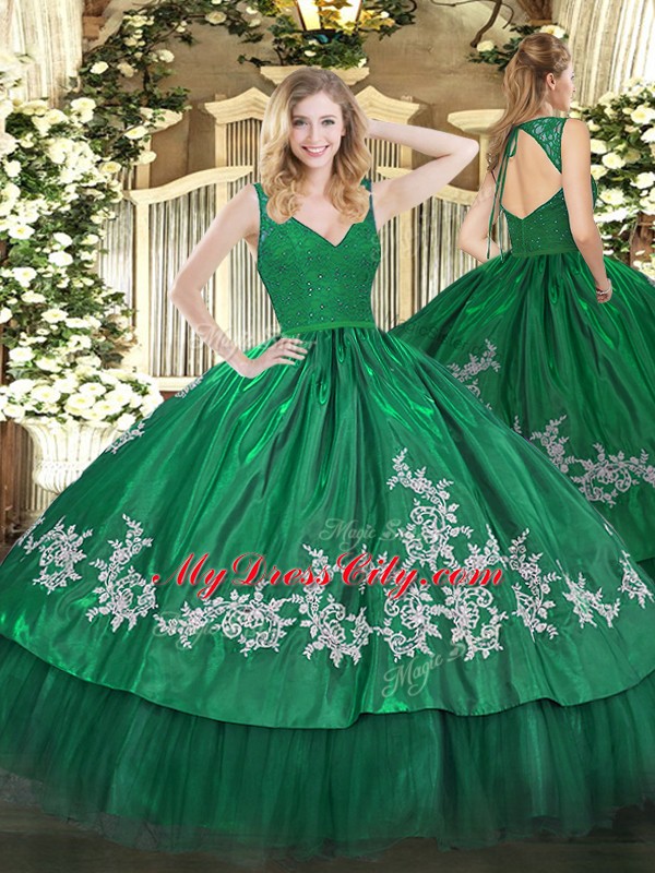 V-neck Sleeveless Zipper Quinceanera Dress Dark Green Taffeta