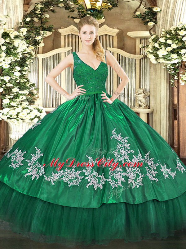 V-neck Sleeveless Zipper Quinceanera Dress Dark Green Taffeta