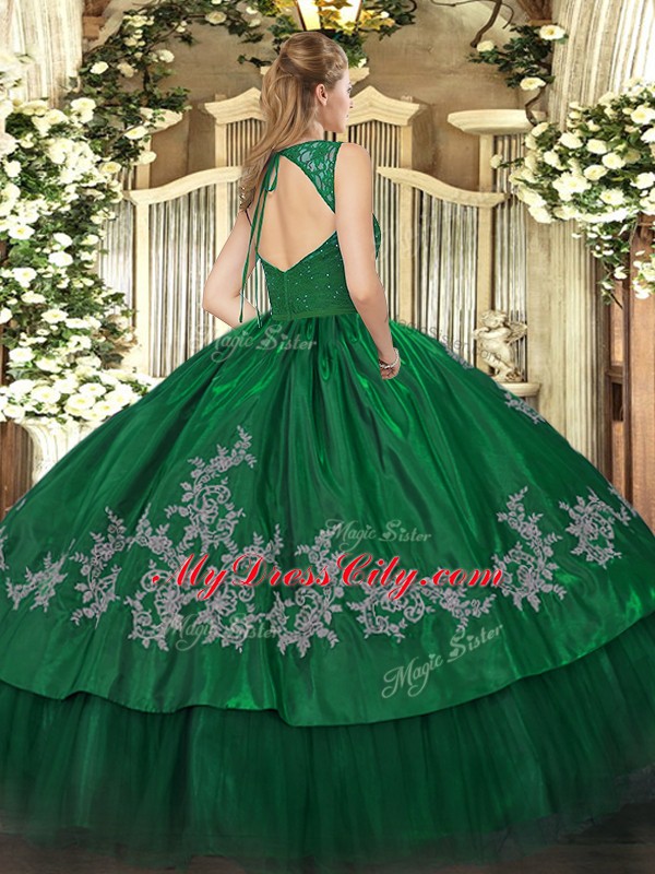 V-neck Sleeveless Zipper Quinceanera Dress Dark Green Taffeta