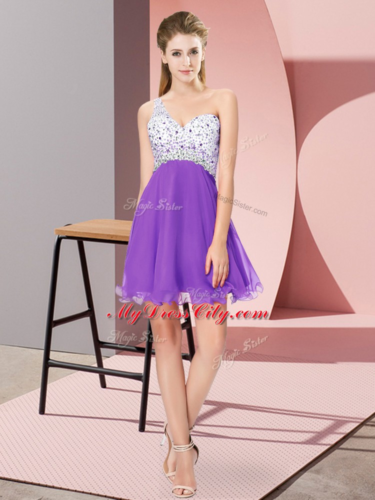 Eggplant Purple Chiffon Criss Cross One Shoulder Sleeveless Mini Length Prom Party Dress Beading