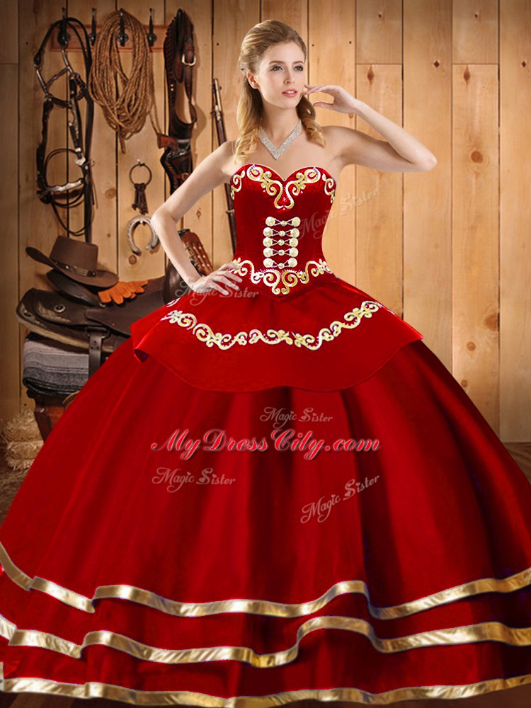 Decent Organza Sweetheart Sleeveless Lace Up Embroidery Quinceanera Dresses in Wine Red