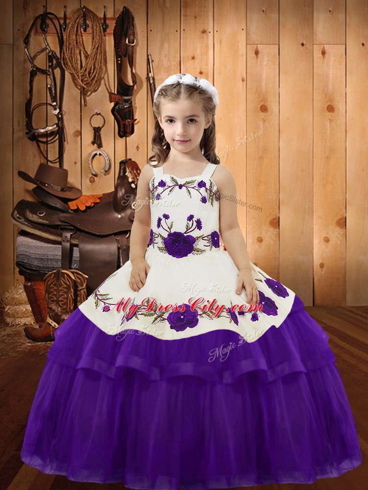 Eggplant Purple Ball Gowns Straps Sleeveless Organza Floor Length Lace Up Embroidery and Ruffled Layers Custom Made Pageant Dress