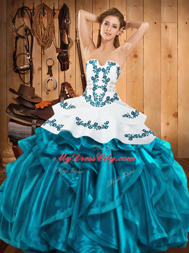 Embroidery and Ruffles Quinceanera Dresses Teal Lace Up Sleeveless Floor Length